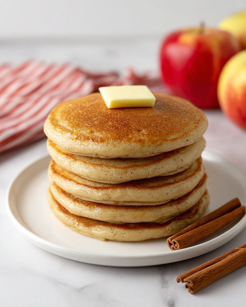 A stack of five thick, round pancakes sits centered on a white plate placed on a white marbled surface. Each pancake has a light golden brown color with a soft, slightly textured edge. On the top pancake, there is a small square of pale yellow butter slowly melting. In the background, there are some slightly blurred apples with red and yellow tones, along with a red and white striped cloth. In the foreground on the white marbled surface, there are two whole cinnamon sticks lying side by side. photo taken with an iphone --ar 4:5 --v 7