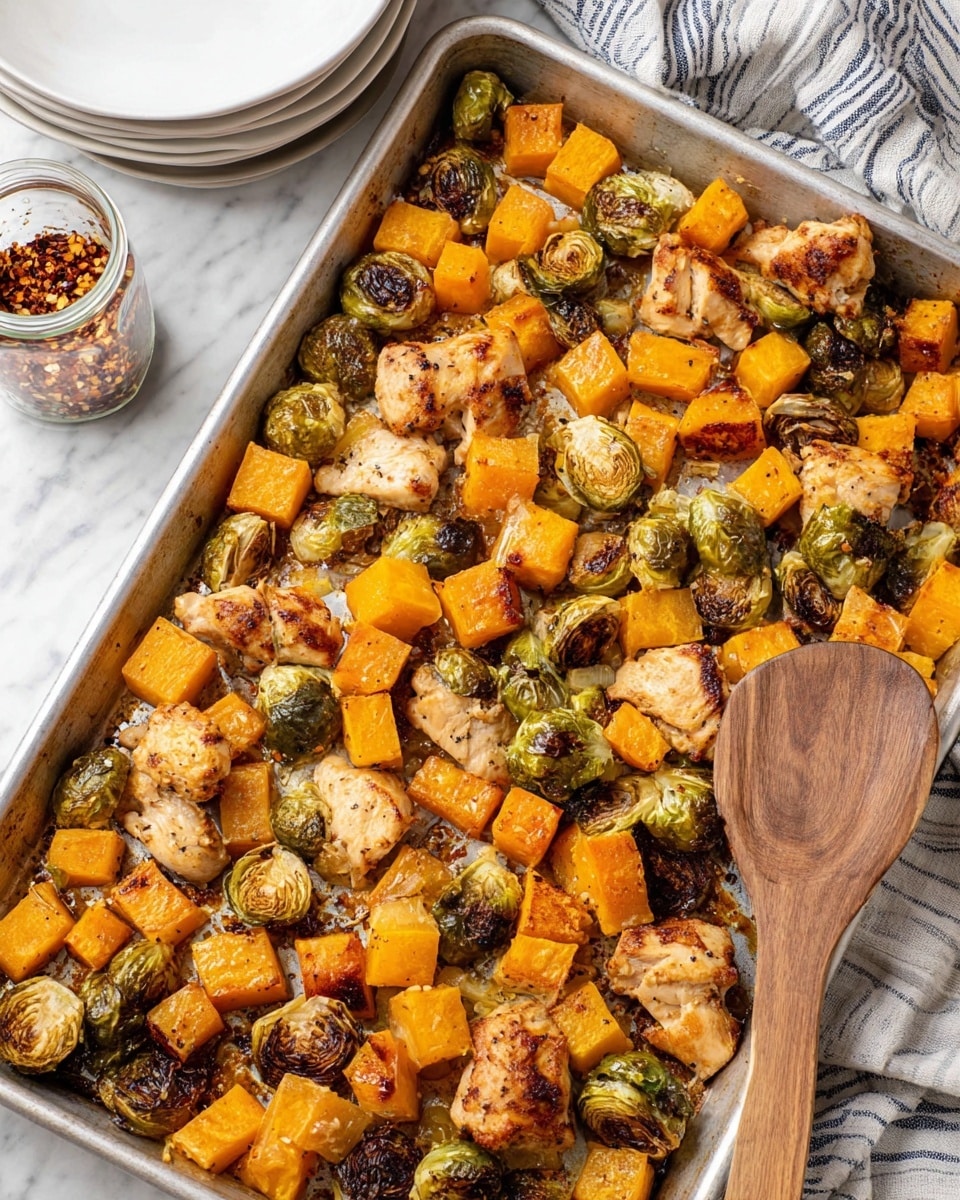 Maple Dijon Sheet Pan Chicken with Brussels Sprouts and Butternut Squash Recipe