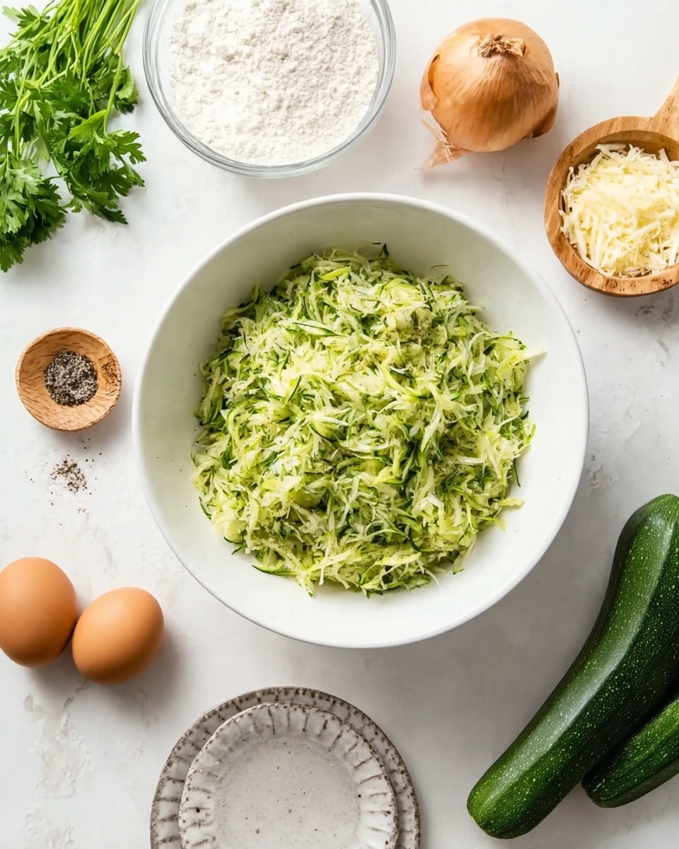 A white bowl filled with finely shredded green zucchini mixed with herbs sits in the center of a white marbled surface. Around the bowl are several ingredients: bright green parsley leaves at the top left, a clear glass bowl holding white flour at the top right, a small wooden scoop filled with shredded cheese to the right of the flour, a whole brown onion just above the zucchini, a green zucchini to the right near the garlic bulb, a small dish with black pepper and salt at the bottom left, and two brown eggs resting on a light grey decorative plate at the bottom right. The scene is bright and well-lit. Photo taken with an iphone --ar 4:5 --v 7