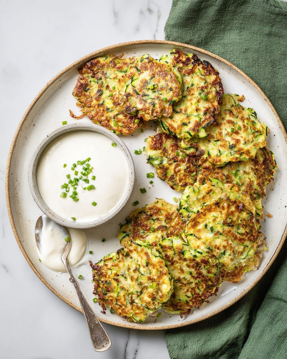 A white round plate with a slightly brown speckled edge holds a row of eight golden-brown zucchini fritters with visible green zucchini pieces and some browned, crispy spots on top. The fritters are arranged overlapping each other in a curved line from the bottom left to the top right of the plate, sprinkled with finely chopped green chives. On the top left side of the plate, there is a small white ceramic bowl filled with smooth white sour cream, topped with a few green chives. Next to the bowl, there is a silver spoon resting on the plate with some sour cream on it and a small dollop of sour cream beside it. The plate sits on a white marbled surface with a folded green fabric partially visible behind it. photo taken with an iphone --ar 4:5 --v 7