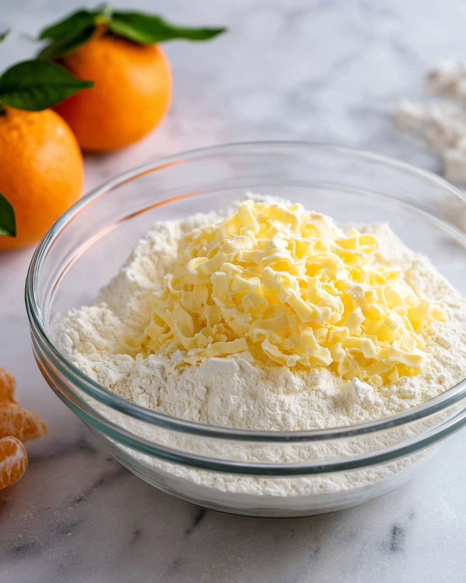 A clear glass bowl sits on a white marbled surface, filled with two main layers: a bottom layer of fine white flour forming a soft, powdery base, and on top a generous mound of thin, light yellow butter curls with a delicate, slightly curly texture. In the background, two bright oranges with green leaves rest on the surface, adding a pop of orange and green color. Photo taken with an iphone --ar 4:5 --v 7