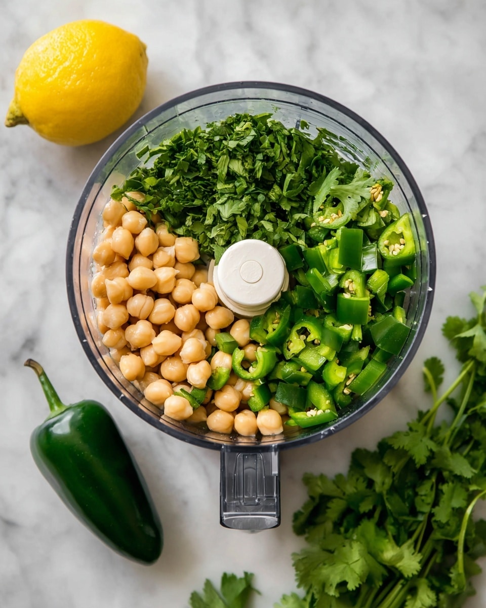 A clear food processor bowl filled with three main layers of ingredients: light beige chickpeas clustered on one side, chopped medium green jalapeño pieces on another side, and fresh bright green cilantro leaves covering the remaining side. The bowl is set on a white marbled surface with a whole yellow lemon near the top left and a whole dark green jalapeño pepper near the bottom. A few cilantro sprigs are also placed casually on the right side of the surface. Photo taken with an iphone --ar 4:5 --v 7