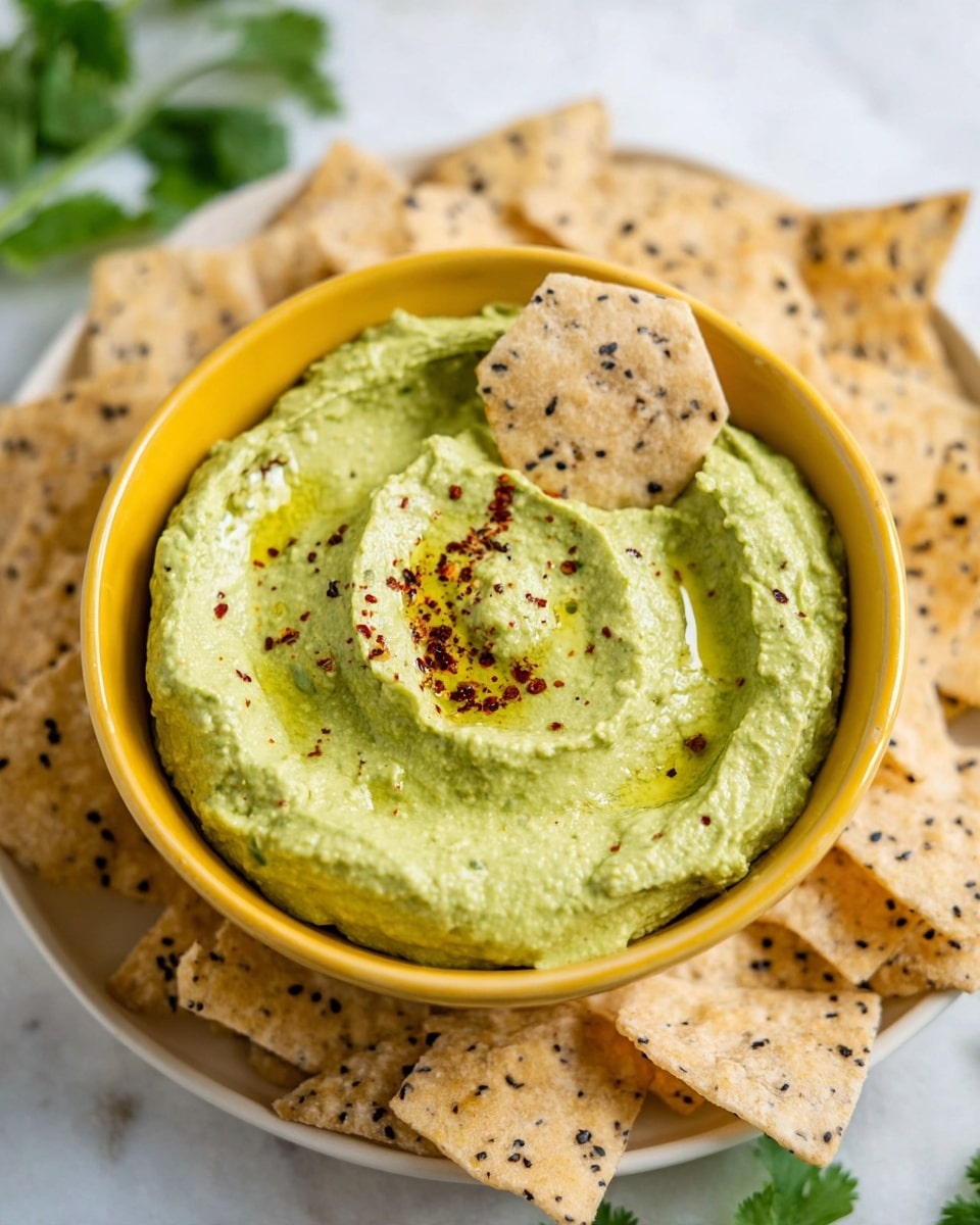 A yellow bowl filled with thick, creamy green dip that has a smooth texture with tiny bits visible, topped with a sprinkle of red spice and black pepper, and a drizzle of olive oil in the middle. One beige, hexagonal chip with black sesame seeds is partially dipped into the center of the dip. The bowl is placed on a pile of beige chips with black sesame seeds, all on a white plate, set against a white marbled surface with green cilantro leaves partially visible in the background. Photo taken with an iphone --ar 4:5 --v 7