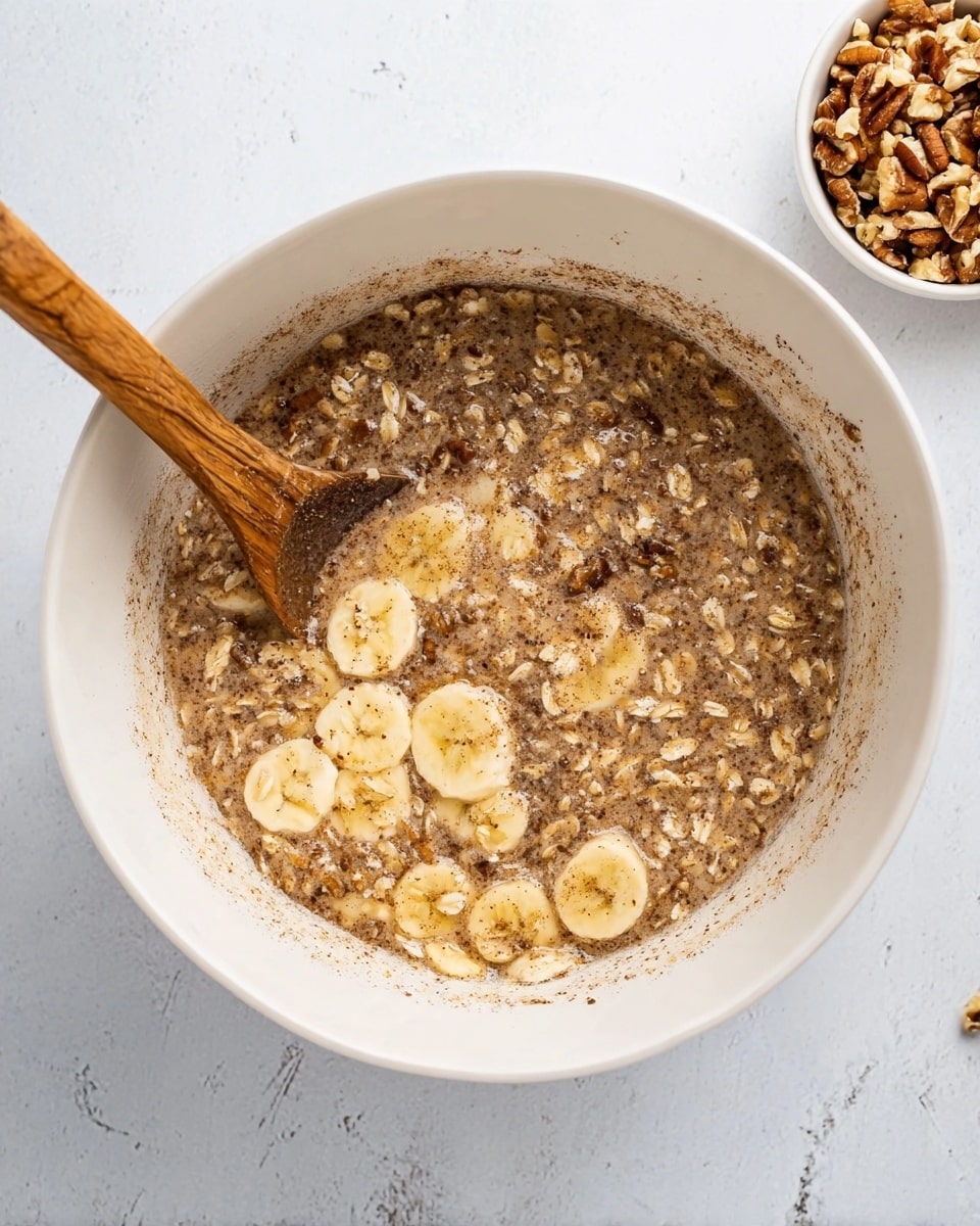 A large white bowl filled with a thick mixture that has visible layers of sliced yellow bananas, light brown oats, and a sprinkle of fine dark spices throughout, creating a textured look. The bowl contains a wooden spoon resting on the left side, partially immersed in the oatmeal mixture. To the top right corner, there is a smaller white bowl with rough chopped nuts. The whole scene is set on a white marbled surface, giving a clean and bright background. photo taken with an iphone --ar 4:5 --v 7