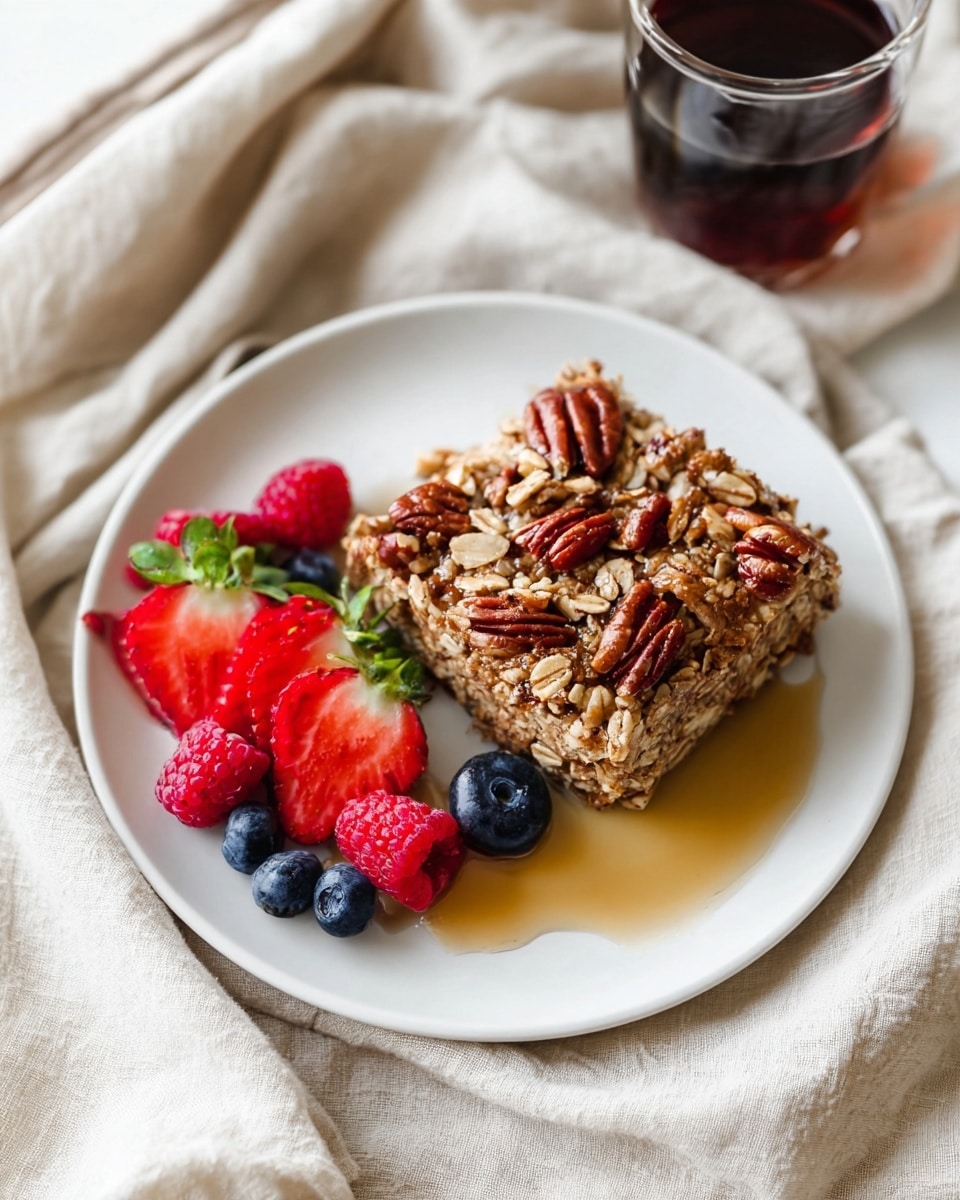 A square slice of oatmeal and nut bar sits in the center of a white plate, topped with chunks of pecans and oats giving a rough, textured surface of brown and beige colors. Underneath the bar, a pool of golden syrup spreads lightly across the plate. Around the bar, there are fresh berries arranged: red raspberries, bright red strawberries with green leaves (one sliced in half showing its inside), and small dark blue blueberries. The plate rests on a beige cloth with soft folds, and in the top part of the image, a glass container filled with dark syrup adds a warm contrast. photo taken with an iphone --ar 4:5 --v 7