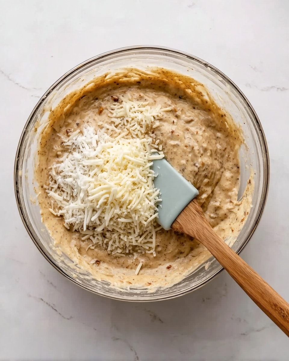 A clear glass bowl sits on a white marbled surface, filled with a thick, beige batter that is partially mixed with white shredded cheese scattered on top. One side of the batter shows some brown specks, likely spices or nuts. A wooden spatula with a light blue silicone head is resting inside the bowl, partially covered with the batter, as if in the process of stirring. photo taken with an iphone --ar 4:5 --v 7
