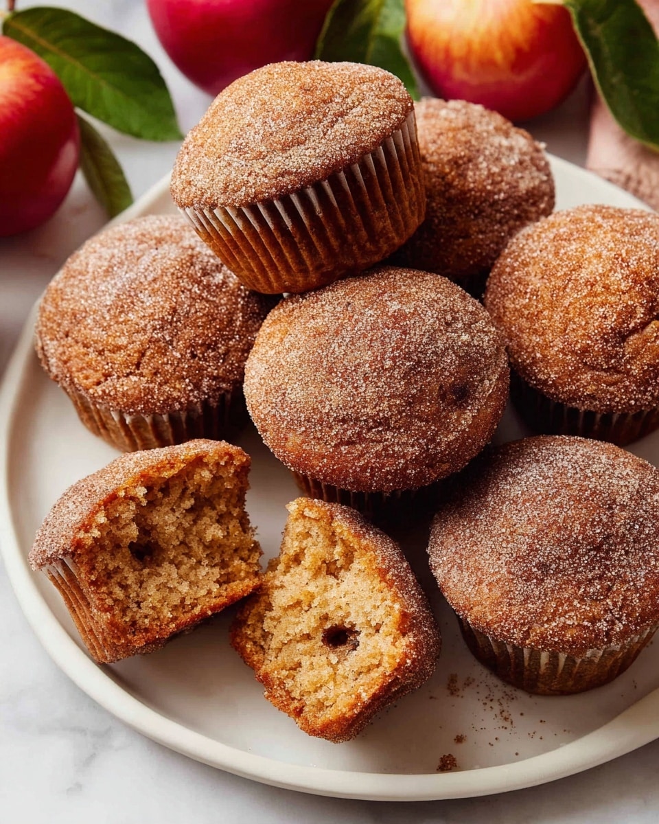 A white plate holds several round muffins covered in a fine layer of brown cinnamon sugar, giving them a textured, slightly rough surface. One muffin is tilted on its side, showing a soft, moist inside with a warm, golden brown color and small dark spots. The muffins have a slightly domed top and ribbed sides from their paper cups. Around the plate's edge are red apples with green leaves, enhancing the cozy, autumn feel. The background is a white marbled texture. photo taken with an iphone --ar 4:5 --v 7