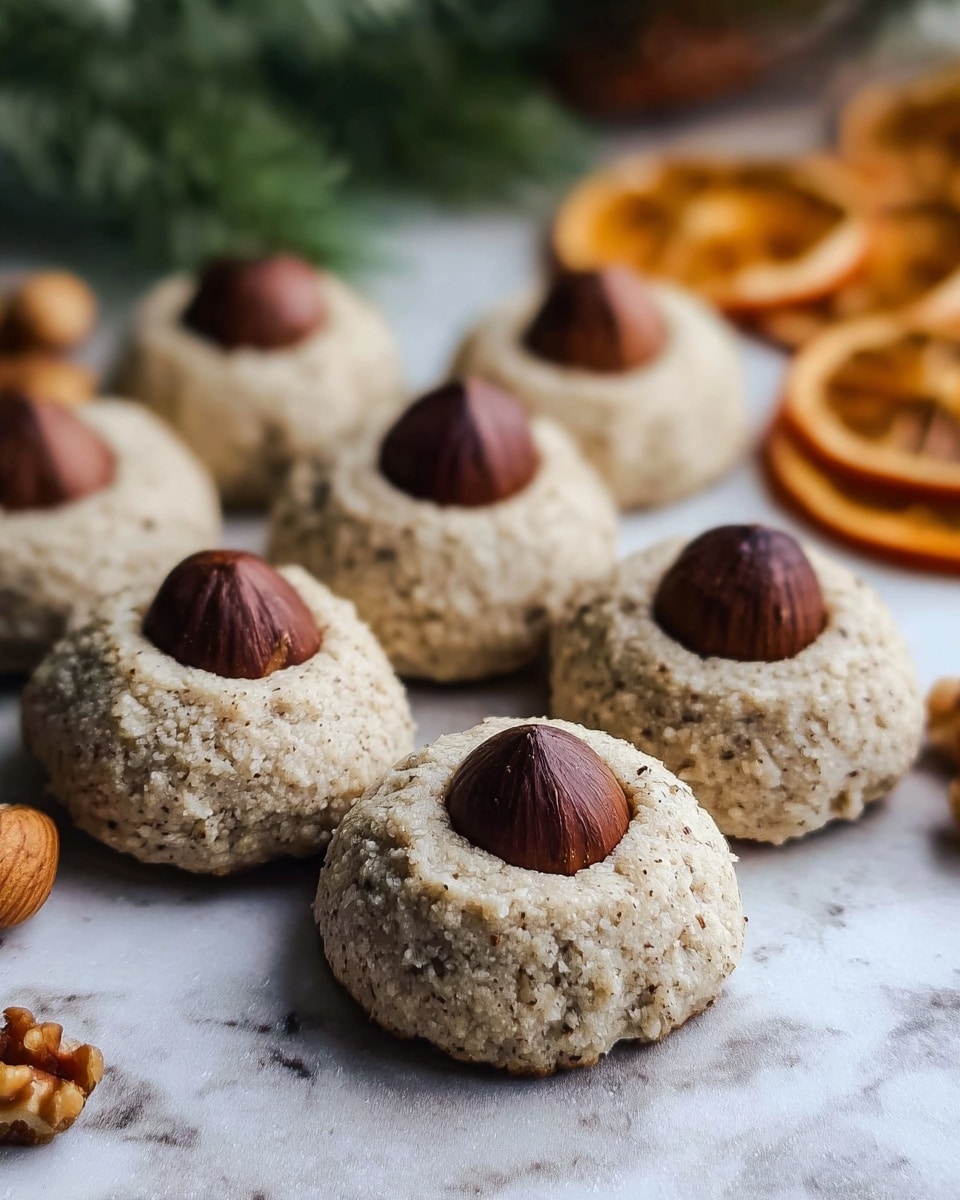 The image shows six round cookies with a light beige color and a rough texture, each topped with a whole dark brown hazelnut in the center. They are placed closely together on a white marbled surface. In the background, there is some greenery and dried orange slices, adding a natural, rustic feel to the scene. The focus is mainly on the cookies, highlighting their crumbly texture and nutty topping. photo taken with an iphone --ar 4:5 --v 7