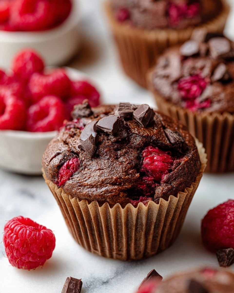 The image shows a close-up of a chocolate muffin layered with dark brown batter mixed with bright red raspberries and topped with small dark chocolate pieces. The muffin is wrapped in a brown paper liner and sits on a white marbled surface. Around the main muffin, there are several more muffins and fresh bright red raspberries scattered, with one white bowl filled with raspberries in the background. The texture of the muffin looks soft and moist with a slightly rough top where the chocolate pieces sit. Photo taken with an iphone --ar 4:5 --v 7