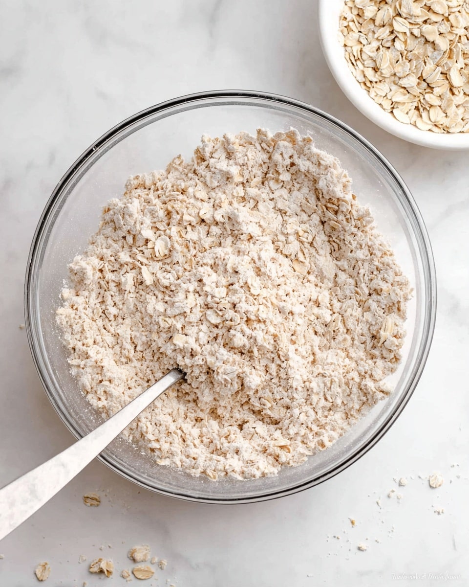 A clear glass bowl filled with a dry mixture of light beige oats and flour, showing a rough, grainy texture with visible oat flakes. The mixture appears loose and crumbly, covering the entire bowl evenly. A silver spoon is partially buried in the mixture, positioned on the left side of the bowl, with its handle resting outside the bowl. In the upper right corner of the image, there is a small white bowl filled with more dry oats, scattered slightly around it on a white marbled surface. photo taken with an iphone --ar 4:5 --v 7