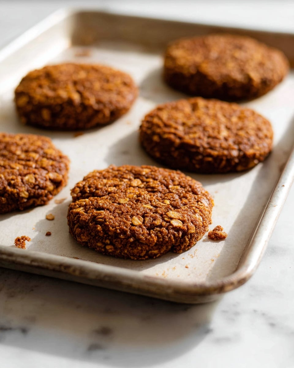 The image shows six round oatmeal cookies placed on a silver baking tray with a white marbled surface underneath. The cookies have a rough texture with visible oats and are a deep brown color, evenly spaced but slightly overlapping. The edges of the cookies are slightly rough, and some crumbs are scattered on the tray and marbled surface. The soft lighting highlights the texture of the cookies and tray. photo taken with an iphone --ar 4:5 --v 7