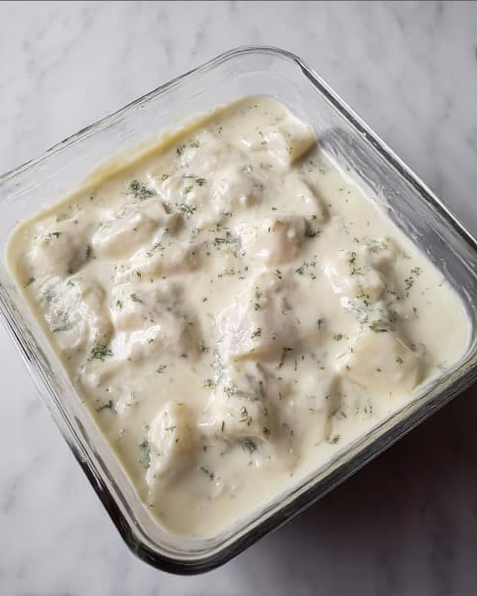 A clear glass square dish filled with a creamy white sauce that has small green herb flecks throughout. Beneath the sauce, there appear to be pieces of light-colored fish or meat partly covered by the sauce, giving a smooth but slightly textured surface. The dish sits on a white marbled surface, and the sauce looks thick and smooth with little bumps from the ingredients inside. Photo taken with an iphone --ar 4:5 --v 7