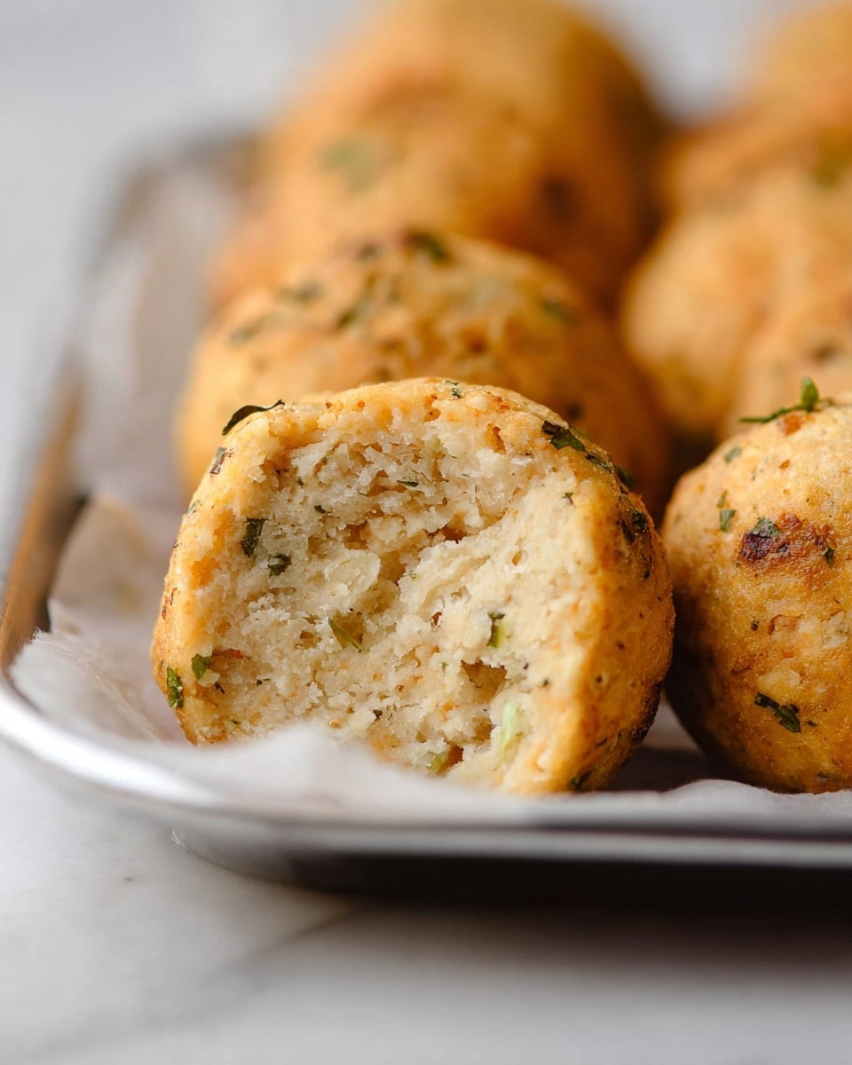 The image shows a close-up of a single round, golden-brown baked ball with a soft, moist inside that is light beige with small green herb bits spread throughout. The ball has a slightly textured, browned crust on the outside. Several similar balls are slightly blurred in the background, arranged closely on a silver tray lined with white parchment paper. The whole scene is set on a white marbled surface. photo taken with an iphone --ar 4:5 --v 7