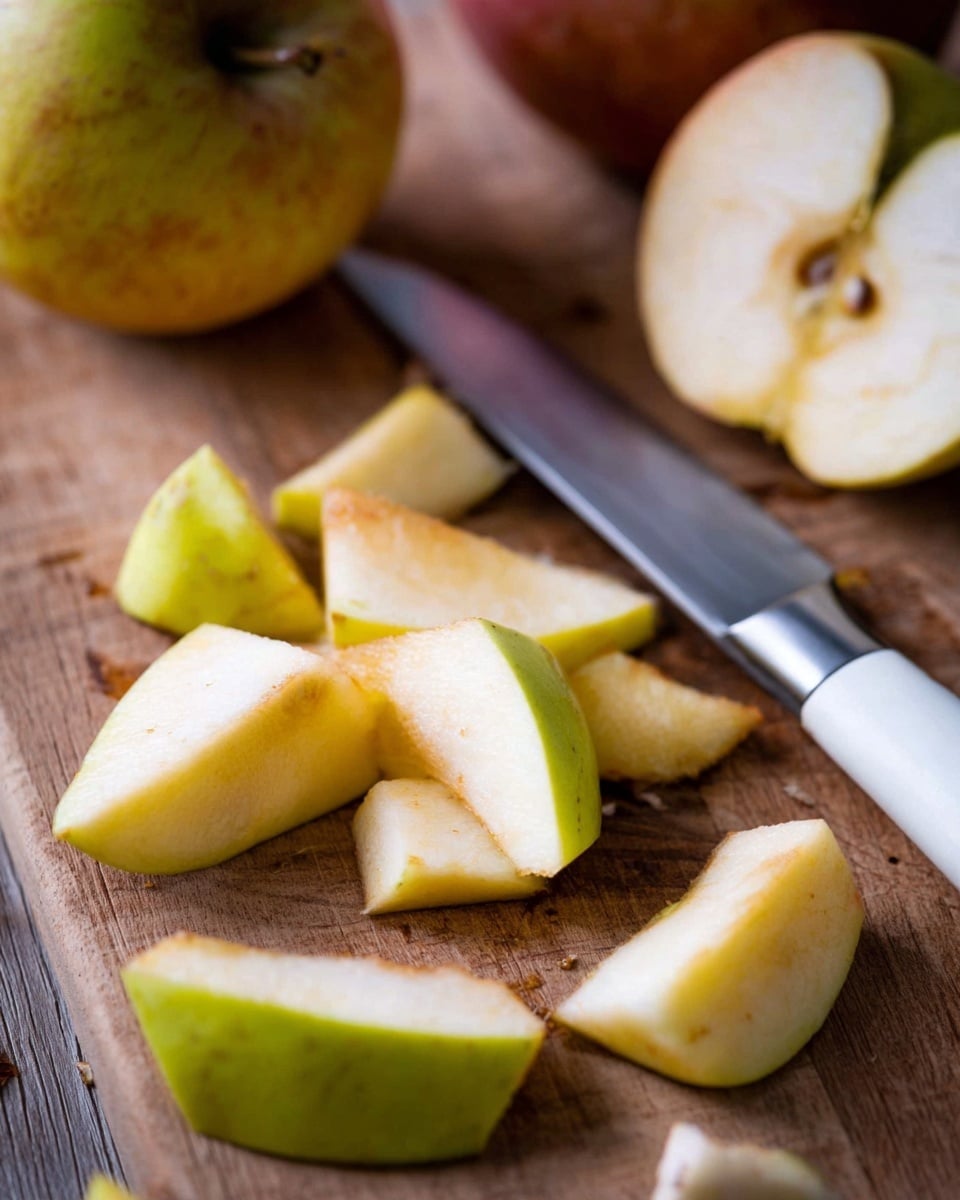The image shows a brown wooden cutting board with several pieces of a yellow-green apple scattered on it. There is a white-handled knife with a silver blade placed diagonally on the board among the apple pieces. Some apple slices have brown spots and some small bits of apple peel are also visible near the slices. The background is blurred but shows parts of a whole apple with a reddish skin. The overall feel is of a casual kitchen scene with natural colors and textures photo taken with an iphone --ar 4:5 --v 7