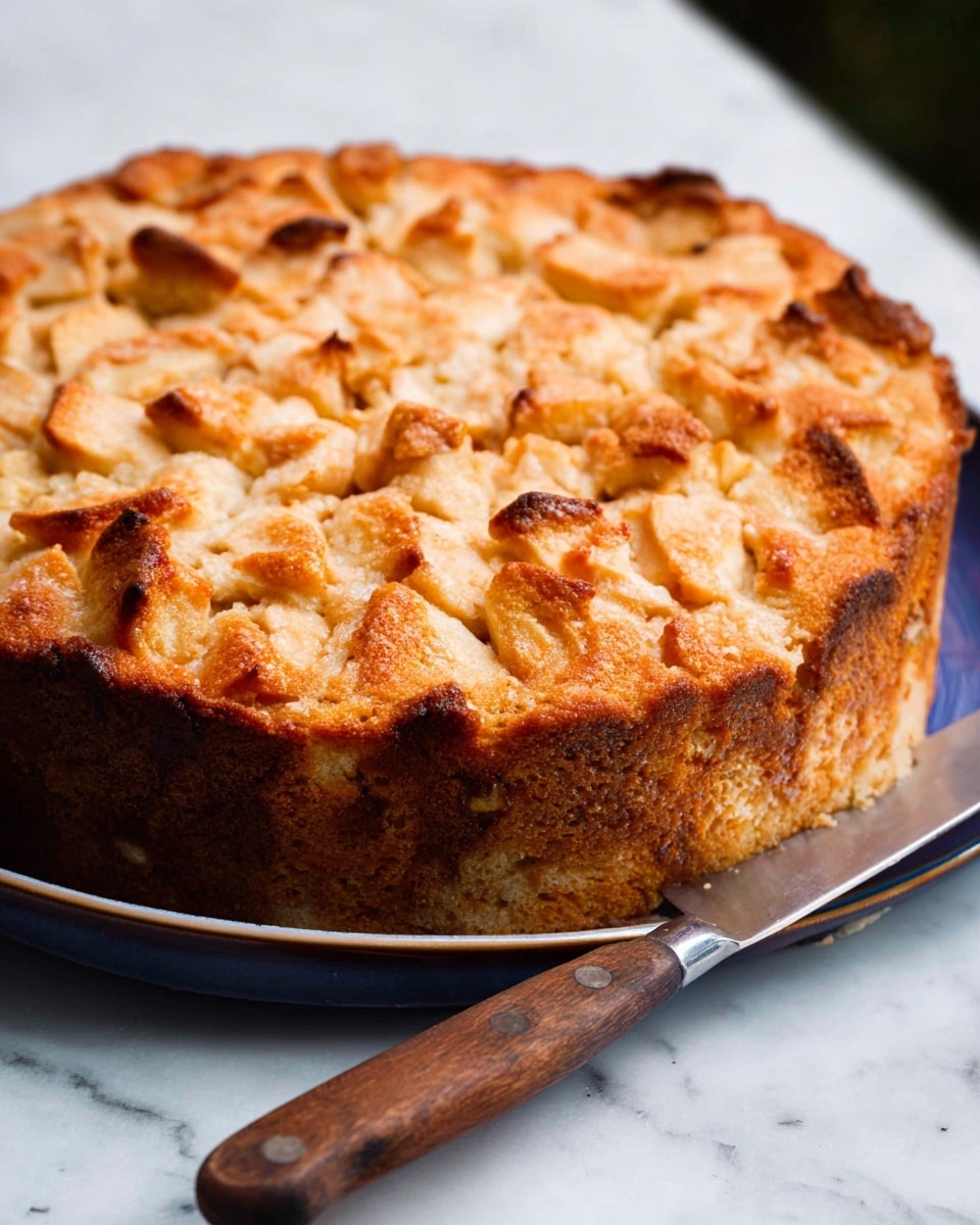 A round apple cake with a golden brown top layer filled with uneven chunks of baked apple, showing a rough, crispy texture on the surface. The middle layer is soft and light brown, blending into a thicker, slightly crumbly bottom crust. The cake sits on a white plate with a shiny finish. Next to the cake, there is a knife with a wooden handle, resting partly on the plate, placed on a white marbled surface. Photo taken with an iphone --ar 4:5 --v 7
