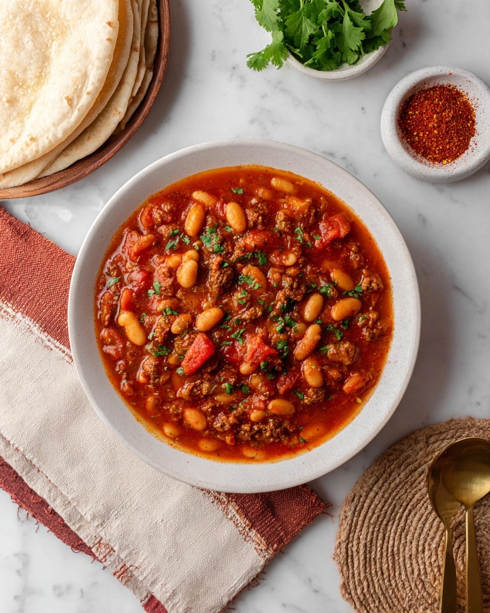 A white bowl filled with a thick stew of white beans, chunks of red tomatoes, and ground meat in a bright red sauce seasoned with herbs, topped with small flecks of green parsley. The bowl is placed on a folded white and rusty red cloth on a white marbled surface. To the left, a stack of light beige flatbreads rests partially under the cloth. At the top left corner, a small wooden plate holds fresh green cilantro leaves. At the top right, a small white bowl with red spice powder sits on a woven coaster. A golden spoon is positioned at the bottom right edge of the frame. photo taken with an iphone --ar 4:5 --v 7