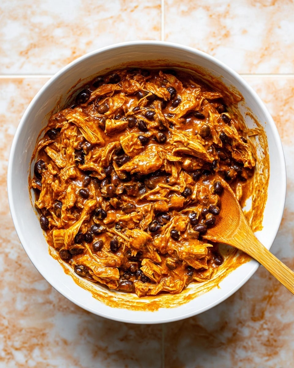 A white bowl filled with a thick, rich orange-brown mixture that has shredded cooked chicken pieces and whole black beans evenly mixed throughout. The chicken pieces are coated in a glossy sauce with a smooth and creamy texture. A wooden spoon rests inside the bowl on the right side, showing some of the mixture clinging to it. The bowl sits on a white marbled surface that contrasts with the vibrant colors of the food. photo taken with an iphone --ar 4:5 --v 7