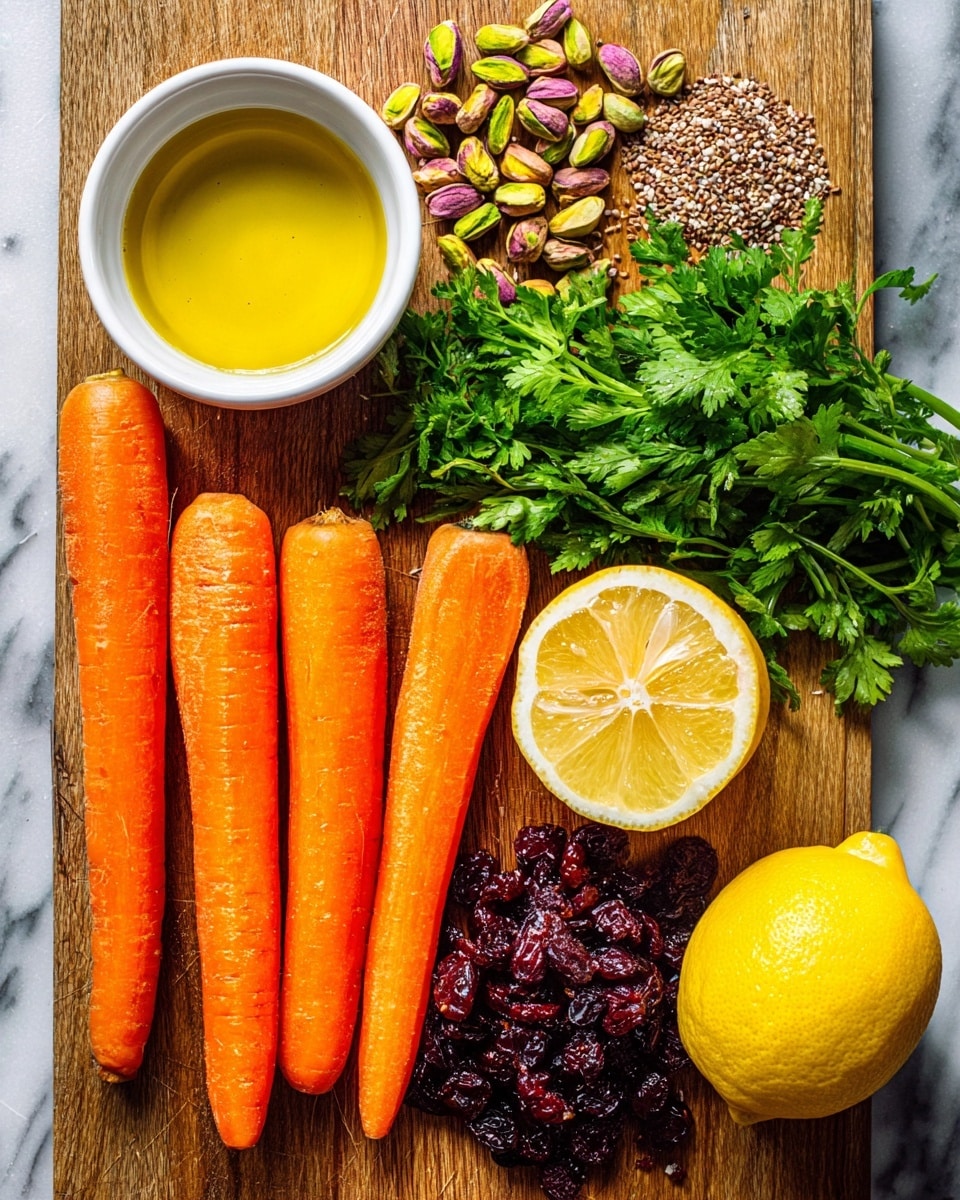 The image shows a neat arrangement of fresh ingredients on a wooden board. At the bottom are five whole carrots, varying slightly in size, all bright orange with natural texture. To the right of the carrots are a whole lemon and a lemon cut in half, showing a vibrant yellow color and juicy interior. Above the lemon, there is a bunch of fresh green coriander leaves with detailed texture. Above the carrots and coriander, a small pile of shelled pistachios with mixed green and purple hues is placed. Next to the pistachios is a heap of dried dark red cranberries with shiny, wrinkled surfaces. There are two small white bowls at the top left: one filled with golden olive oil and the other with a mix of cumin seeds and coriander seeds. The background surface is a white marbled texture. photo taken with an iphone --ar 4:5 --v 7