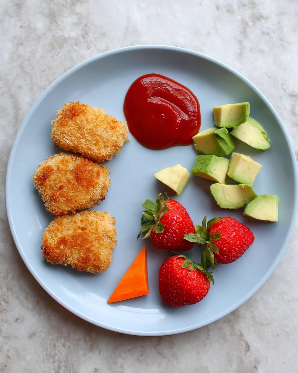 A white plate holds three golden brown breaded nuggets arranged in a diagonal line on the left side. Above the nuggets, there is a small heap of bright red ketchup. On the right upper side of the plate, there are several small chunks of light green avocado. Below the avocado, three fresh red strawberries with green leaves are grouped together. Near the bottom center of the plate is a small piece of orange carrot. The plate rests on a white marbled surface. photo taken with an iphone --ar 4:5 --v 7