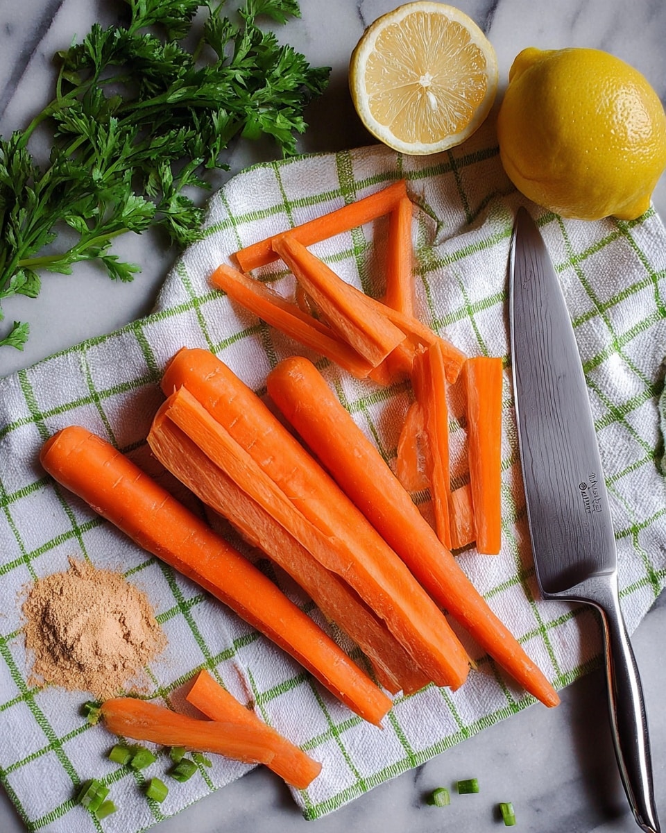 The image shows several whole orange carrots and some long carrot sticks on a white and green checkered cloth. A large silver knife lies on the right side, with some carrot sticks under its blade. Two lemons, one whole and one cut in half, are at the top left of the cloth, along with a small bunch of green parsley. There is also a small pile of light brown powder with some green herb pieces next to the carrots. The whole scene is set on a white marbled texture. photo taken with an iphone --ar 4:5 --v 7