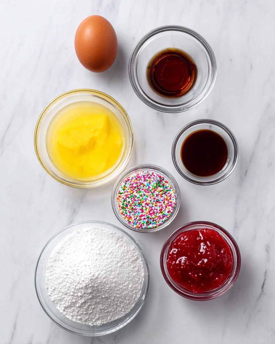 The image shows six ingredients laid out on a white marbled surface. Starting from the top left, there is a brown whole egg with a smooth shell. Below the egg, a clear round glass bowl holds melted golden yellow butter with a soft texture. To the top right of the egg, a smaller clear glass bowl contains dark brown vanilla extract, looking liquid and shiny. Below this, another empty clear glass bowl is visible. Near the center bottom, a small clear glass bowl holds colorful rainbow sprinkles in shades of pink, green, orange, purple, white, and blue, with a cylindrical shape. At the lower left corner, a large clear glass bowl is filled with fine white powdered sugar, having a smooth, powdery texture. To the lower right side, another clear glass bowl contains red strawberry jam with a slightly thick and chunky texture. The ingredients are spaced with clean, bright lighting highlighting their colors and textures. Photo taken with an iphone --ar 4:5 --v 7