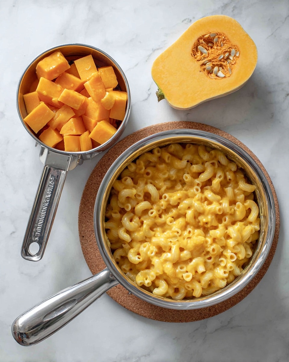 A shiny silver pot filled with elbow macaroni pasta coated in a creamy, orange cheese sauce sits on a cork trivet. Next to the pot is a silver measuring cup filled with cubed orange squash pieces. A half of a butternut squash with seeds inside is placed nearby. All items rest on a white marbled surface. photo taken with an iphone --ar 4:5 --v 7
