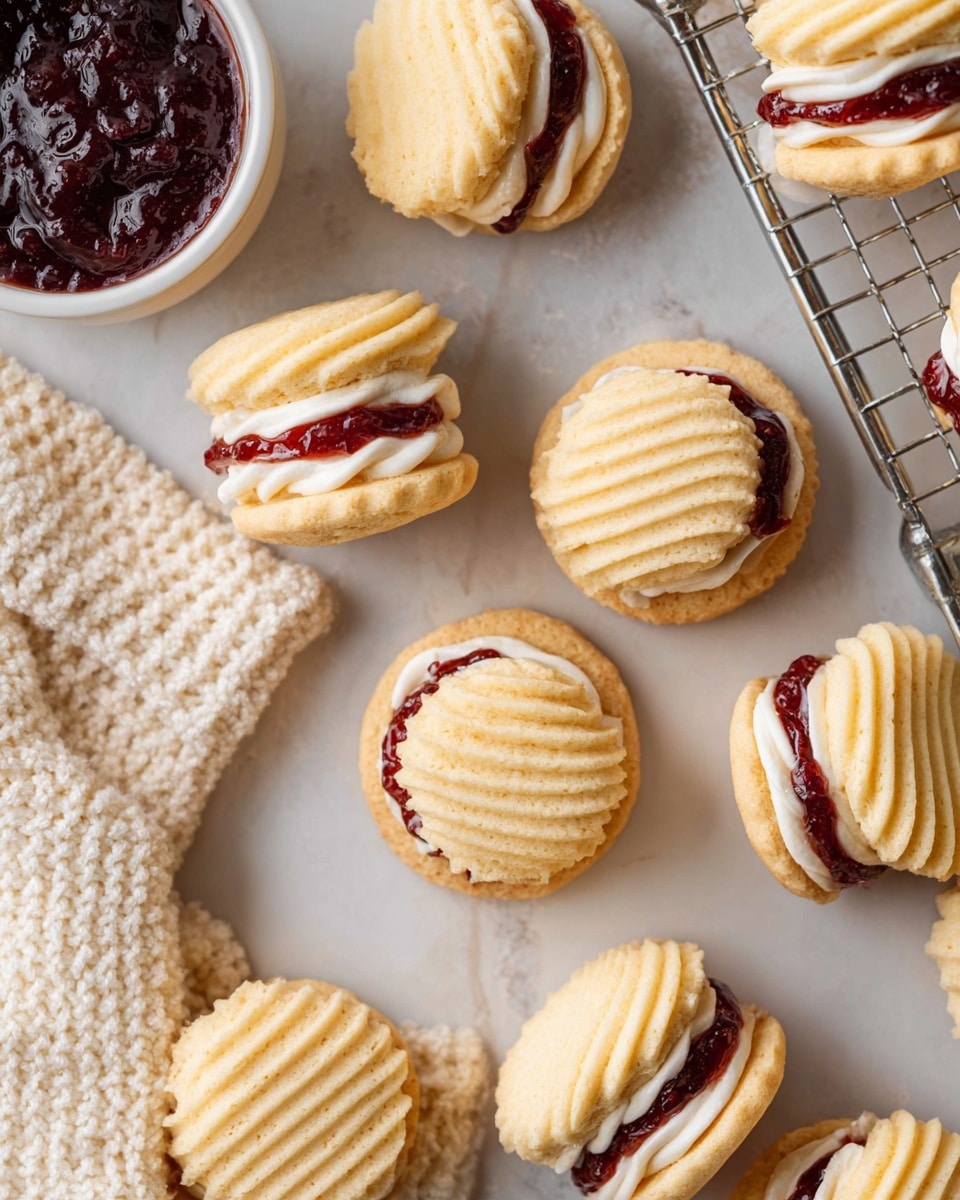 The image shows small sandwich cookies with two light beige, swirled and ridged layers on the top and bottom. Between these layers, there is a smooth white cream and a shiny, dark red jam layer. The cookies are placed on a light-colored surface, with some on a metal cooling rack to the right. There is also a white bowl filled with dark red jam near the top left corner. A soft, cream-colored knitted cloth is partially visible in the bottom left corner. The overall colors are light beige, white, and dark red, all set on a white marbled texture background photo taken with an iphone --ar 4:5 --v 7