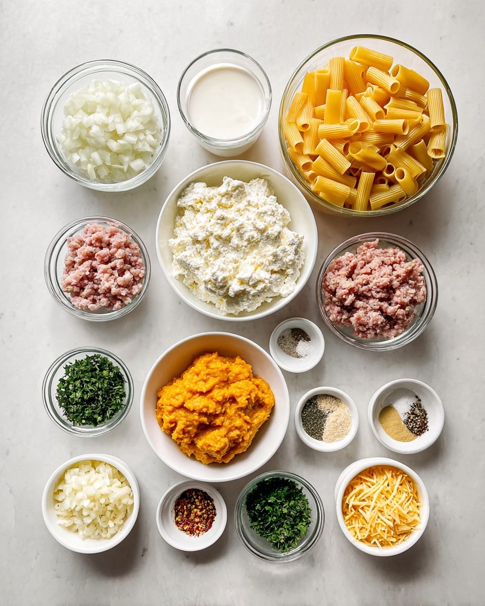 A flat lay of various cooking ingredients neatly placed on a white marbled surface, including a large clear bowl of yellow dry rigatoni pasta on the right, two clear glass bowls near the top left holding chopped white onions and raw ground meat with pink and white tones, and a clear glass cup filled with white cream in the center top. In the middle, a white bowl has a creamy white substance, likely ricotta cheese, and below it is another white bowl with bright orange mashed pumpkin. Below the pumpkin are small white bowls with green chopped herbs, and around the edges are tiny white bowls filled with salt, black pepper, herbs, red pepper flakes, finely minced garlic, and shredded light yellow cheese. Another clear bowl at the bottom left contains white crumbled cheese. photo taken with an iphone --ar 4:5 --v 7