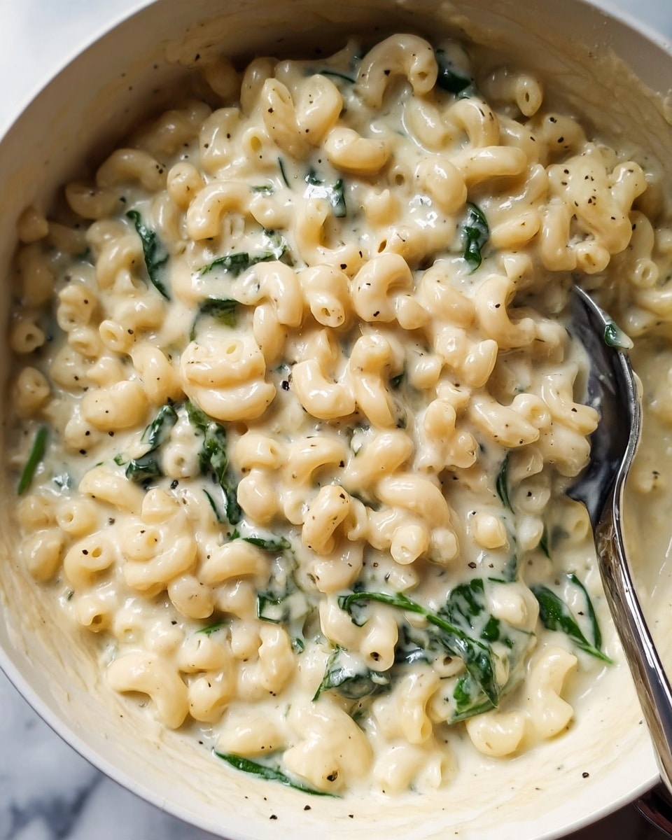 The image shows a close-up of creamy macaroni pasta mixed with melted cheese sauce and green spinach pieces, all inside a white bowl. The macaroni is short and curved, coated in a thick, smooth, off-white cheese sauce with small specks of black pepper. The spinach adds dark green color and a soft texture to the dish. A metal spoon is partially buried in the pasta on the right side inside the bowl. The background is a white marbled surface. photo taken with an iphone --ar 4:5 --v 7