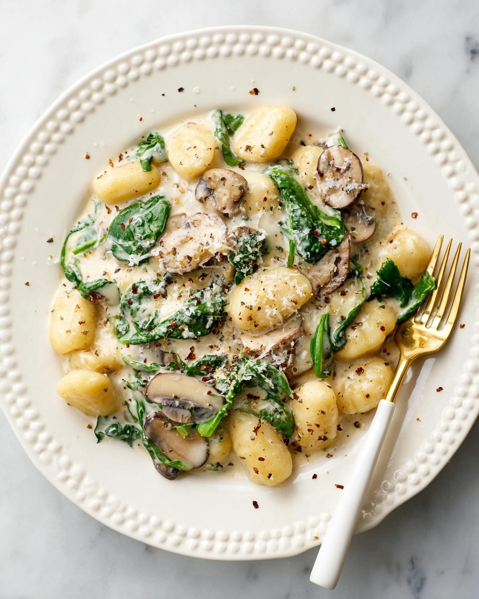 A plate of creamy gnocchi with three main layers is shown on a white plate with a dotted edge. The bottom layer is plump, soft gnocchi in pale yellow, scattered evenly across the plate. The second layer is creamy white sauce that coats the gnocchi, mixed with light brown sliced mushrooms and fresh bright green spinach leaves. The top layer is grated cheese sprinkled over the dish, with black pepper flakes spread around, adding texture and contrast. A gold fork with a white handle rests on the side of the plate. The plate sits on a white marbled surface. photo taken with an iphone --ar 4:5 --v 7