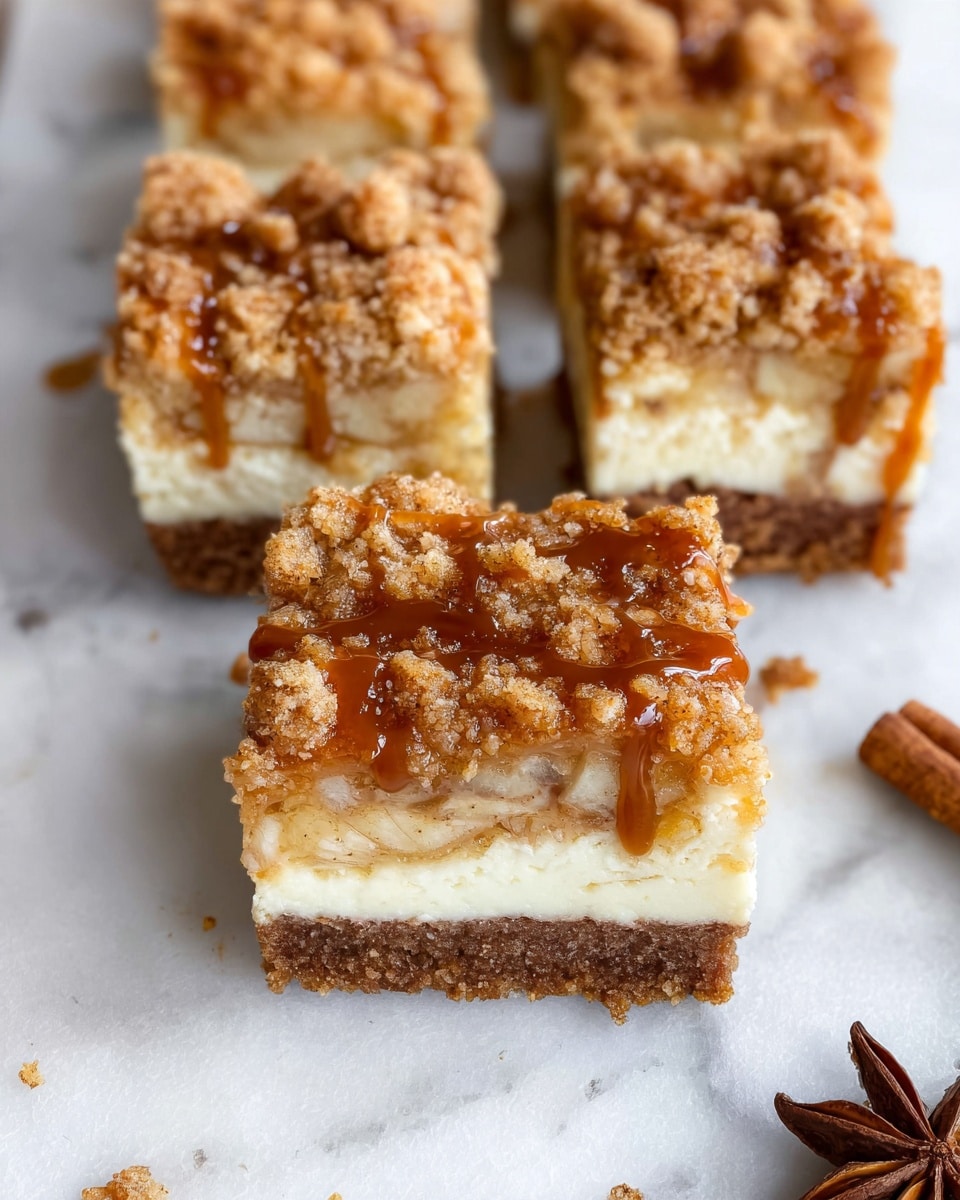 The image shows square dessert bars on a white marbled surface, each with three layers: a bottom layer of brown crumbly crust, a thick middle layer of creamy white filling with visible pieces of cooked apple, and a top layer of light brown crumbly streusel with a drizzle of shiny caramel sauce. The bars are cut into neat squares, and one piece is placed in the center foreground, clearly showing all three layers. A star anise pod is visible near the bottom right corner. photo taken with an iphone --ar 4:5 --v 7