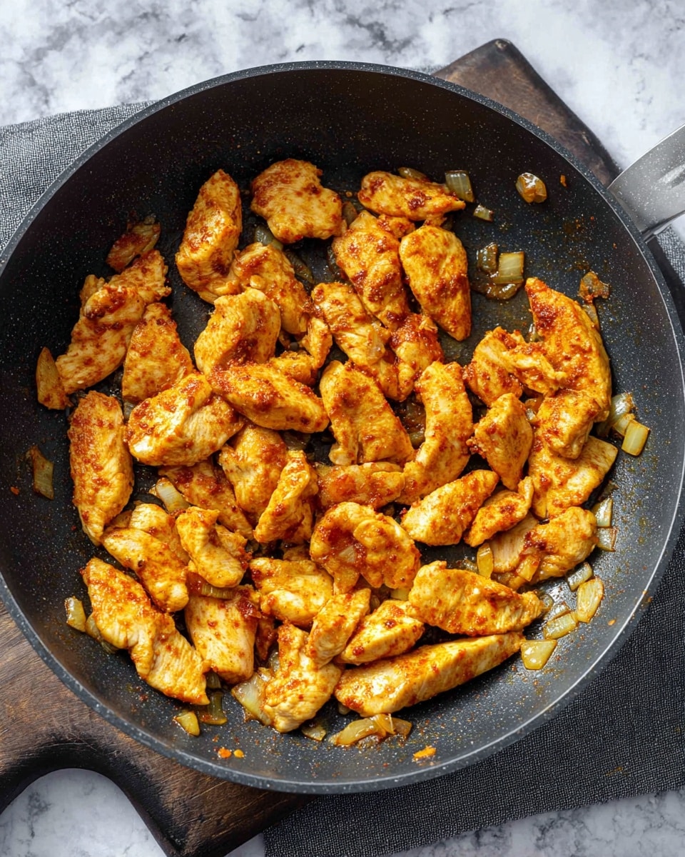 The image shows a black cooking pan filled with pieces of cooked chicken strips that are golden brown with a slightly reddish color from seasoning. Small bits of cooked onion are scattered around the chicken, adding a soft yellow and light brown texture. The pan rests on a dark wooden board with a gray cloth partially under it, and the background is a white marbled surface. The chicken pieces are evenly spread out in the pan with a slightly glossy look from cooking oil photo taken with an iphone --ar 4:5 --v 7