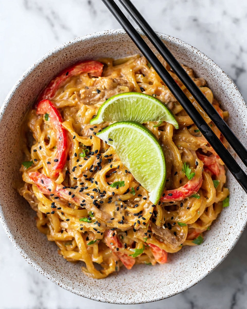A bowl filled with creamy orange noodles mixed with light pink strips of meat and thin red slices of pepper. The noodles and ingredients are coated evenly in the creamy sauce. Two bright green lime wedges rest on top near the center. Black and white sesame seeds are sprinkled over the dish. A pair of black chopsticks lay across the bowl edge. The bowl is white with a speckled pattern and is placed on a white marbled surface. Photo taken with an iphone --ar 4:5 --v 7