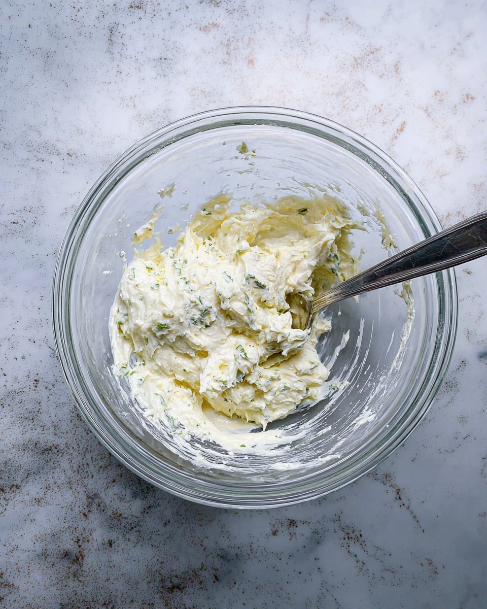 A clear glass bowl contains a creamy white mixture with small green and slightly yellowish bits, appearing thick and textured. A silver spoon is resting inside the bowl, partially covered with the mixture. The bowl is placed on a white marbled surface, which has some faint grey patterns around. photo taken with an iphone --ar 4:5 --v 7