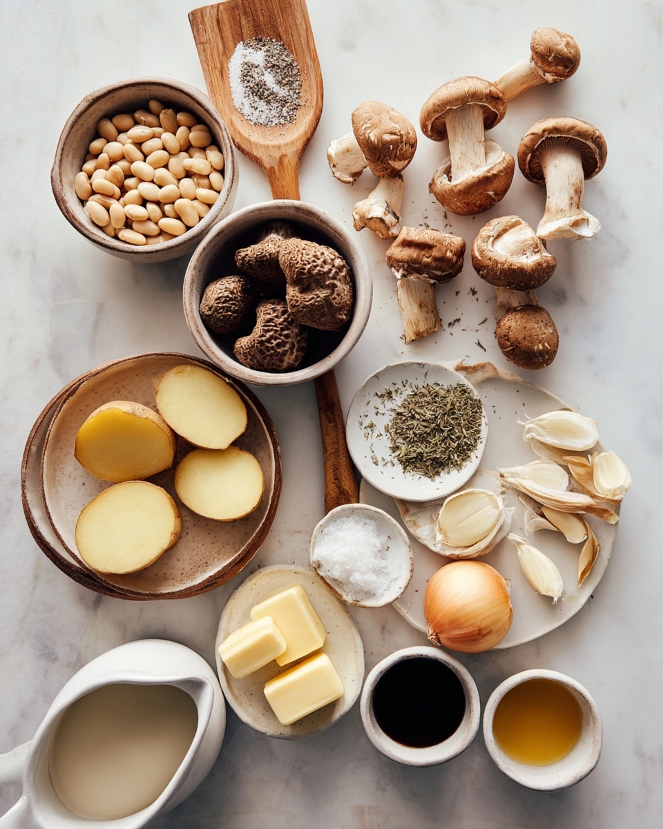 A top-down view of an ingredient setup on a white marbled surface featuring a mix of fresh and dry items. On the left are two bowls: one with light beige beans and another with dark brown mushrooms with a bumpy texture. Above them is a small wooden paddle holding coarse salt and ground black pepper. The middle area has three cut potatoes showing yellow flesh, several whole mushrooms with a smooth pale brown cap, and four peeled garlic cloves. To the right, a white plate holds two wooden spoons, one filled with green dried herbs and the other with light brown dried rosemary, next to half an onion with white layers and a light brown peel. Below the plate are three small white bowls: one with yellow butter blocks, one with a mustard-like paste, and one with a dark black liquid. In the bottom corner, a small ceramic pitcher with a curved spout contains white milk beside another white pitcher holding golden oil. The scene is lit softly with natural light, showing a clean and neat arrangement. photo taken with an iphone --ar 4:5 --v 7