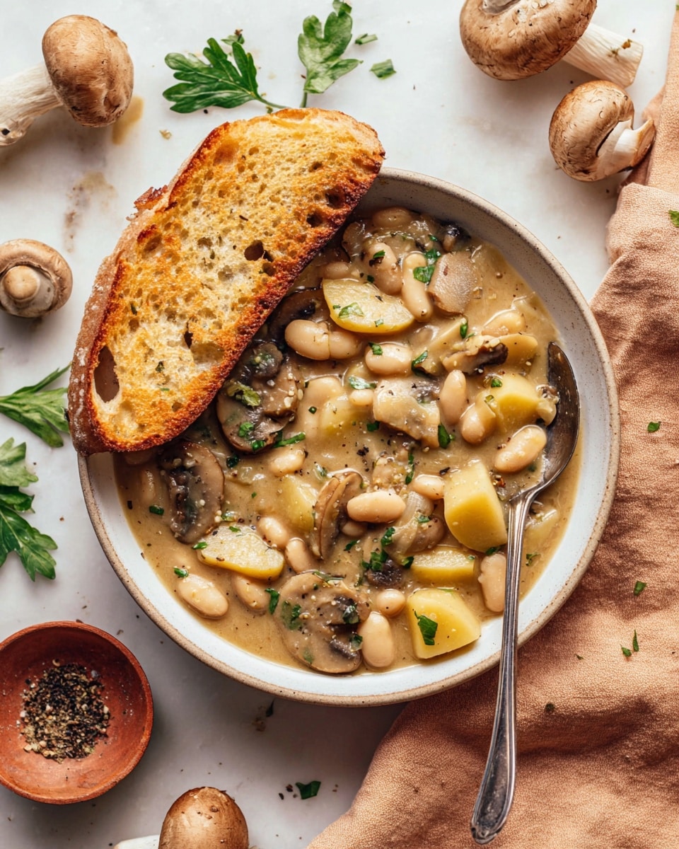 A white bowl on a white marbled surface holds a creamy stew made of three main layers: soft white beans, thick chunks of yellow potatoes, and sliced brown mushrooms mixed throughout a smooth beige broth speckled with green parsley pieces and black pepper. On the left edge of the bowl rests a toasted slice of bread with a crunchy golden crust and airy inside. A silver spoon is partially dipped on the right side of the bowl, leaning inside the stew. Surrounding the bowl are whole mushrooms, fresh parsley, coarse black pepper in a reddish bowl, and a peach-colored cloth underneath the bowl. Photo taken with an iphone --ar 4:5 --v 7