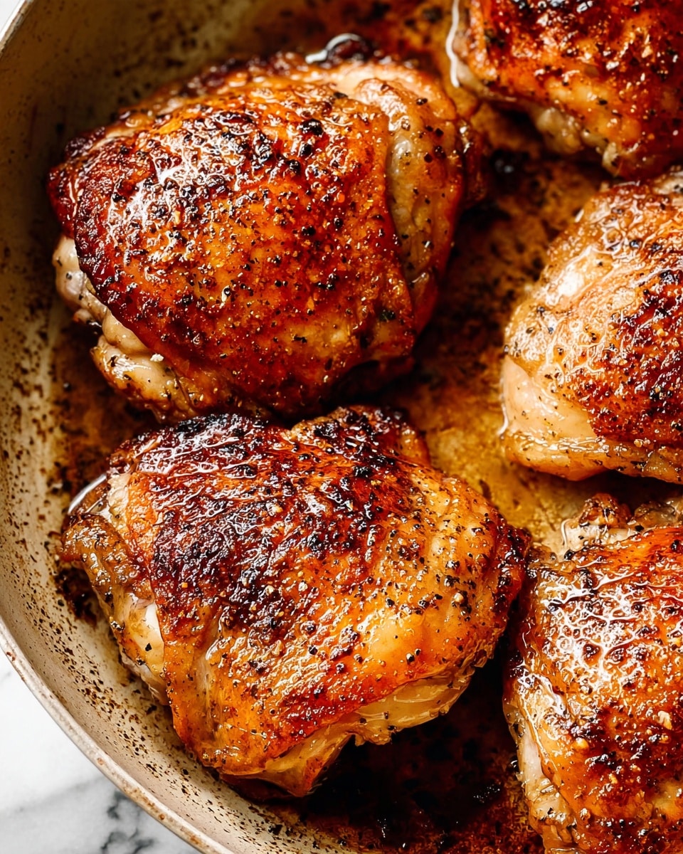 The image shows four pieces of cooked chicken with a crispy, golden-brown skin, sitting closely together in a pan. The chicken has a speckled texture with visible black pepper and spices, with shiny spots of oil giving it a juicy look. The bottom part of the pan is darkened from cooking juices and browned bits, adding a rich contrast to the golden chicken. The chicken pieces are slightly overlapping, showing texture and depth with some parts more browned than others. The background is a white marbled texture. photo taken with an iphone --ar 4:5 --v 7