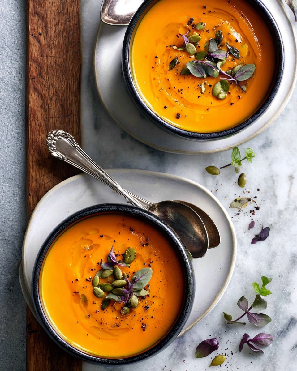 Two black small bowls filled with bright orange creamy soup are placed on white plates. The soup has a smooth texture with some small swirls and is topped with green pumpkin seeds, small dark purple leaves, and a drizzle of oil with black pepper sprinkled around. Each bowl sits on a white marbled surface with a silver spoon resting on the plates beside them. Some scattered green and purple leaves and pumpkin seeds lie on the white marbled surface near the bowls. photo taken with an iphone --ar 4:5 --v 7