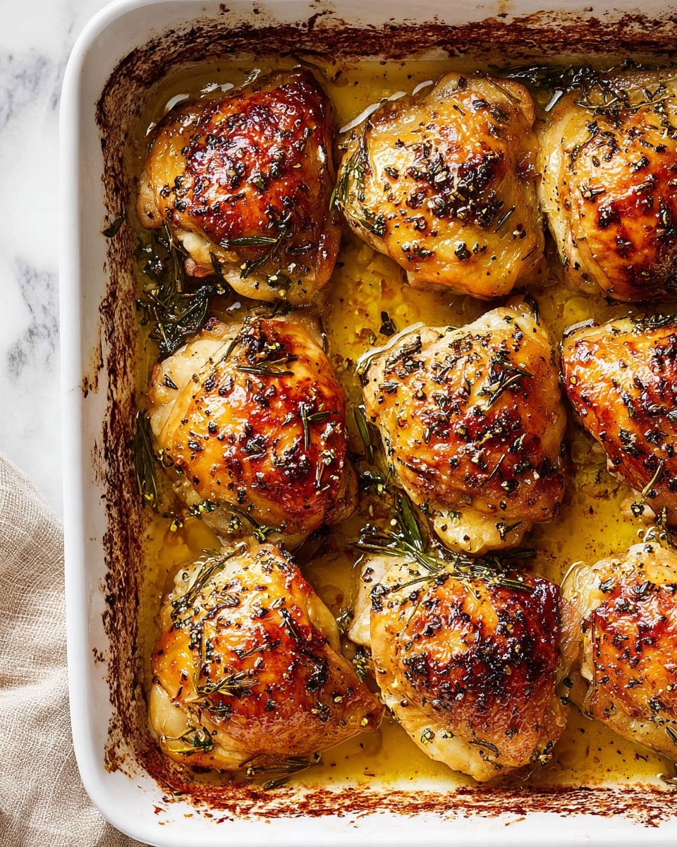 The image shows a white baking dish filled with eight golden-brown cooked chicken thighs. The chicken thighs have a crispy skin with a shiny, glazed texture, sprinkled with black pepper and green rosemary or thyme leaves. There is a light brown, oily sauce at the bottom of the dish, surrounding the chicken pieces. The edges of the baking dish have some browned spots showing cooked residue. The background is a white marbled surface with a beige cloth partially visible on the left side. Photo taken with an iphone --ar 4:5 --v 7
