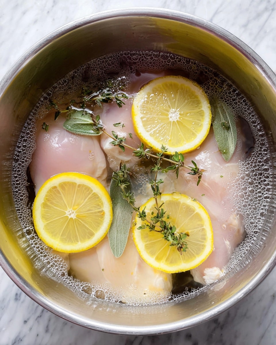 Inside a silver pot, there are three pieces of pale pink raw chicken submerged in clear liquid. On top of the chicken, four bright yellow lemon slices float alongside several green herb leaves and small sprigs of thyme. The mixture shows some bubbles on the pot's sides, suggesting it is soaking or marinating. The background is a white marbled texture. photo taken with an iphone --ar 4:5 --v 7