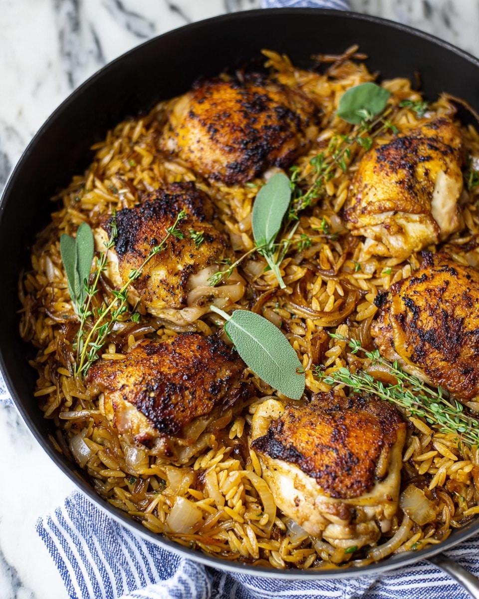 A black pan filled with four pieces of browned, cooked chicken thighs on top of a layer of golden-brown orzo pasta mixed with caramelized onion strips. The orzo has a slightly glossy texture and is evenly spread under the chicken. Fresh green sage and thyme leaves are placed on top, adding a touch of color and freshness. The pan rests on a white marbled surface with a blue and white striped cloth partly visible at the bottom. photo taken with an iphone --ar 4:5 --v 7