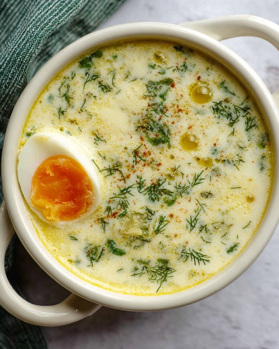 A close-up of a creamy soup served in a white bowl with two side handles, resting on a white marbled surface. The soup is pale yellow with a frothy texture, dotted with small pools of golden oil. Finely chopped green herbs, likely dill or parsley, are spread throughout the soup’s surface. On the left side of the bowl, there is a half of a boiled egg with a bright orange yolk and smooth white edges, sitting slightly submerged within the soup. In the background, part of a green and white cloth is slightly visible. Photo taken with an iphone --ar 4:5 --v 7