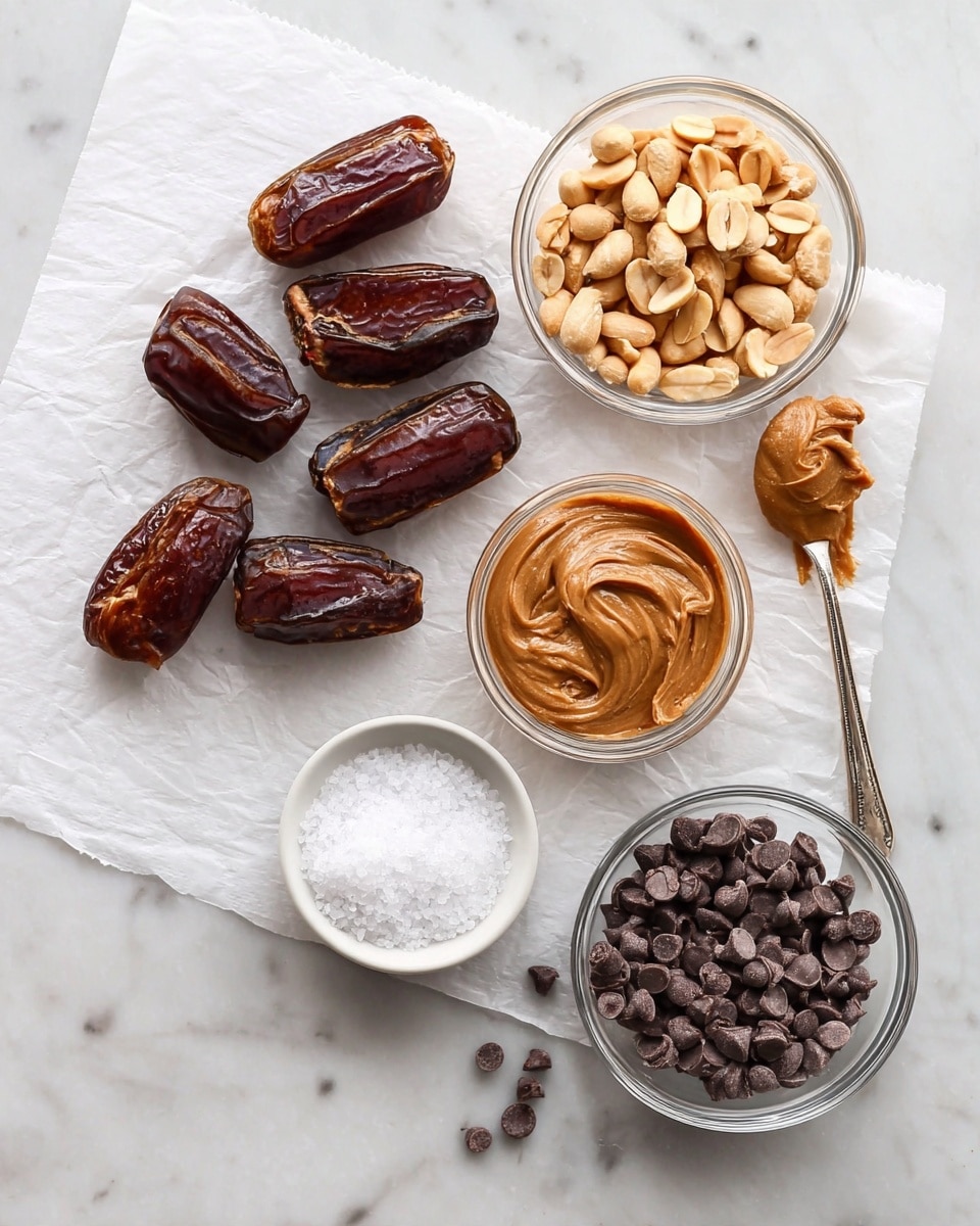 The image shows an overhead view of ingredients on a piece of white parchment paper placed on a white marbled surface. There are about ten dark brown dates, some whole and some split open, arranged on the left side. To the top right of the dates is a clear glass bowl filled with light brown shelled peanuts. Next to it is a metallic spoon with creamy, smooth peanut butter, light brown in color, held above the parchment paper. Below that is another clear glass bowl filled with dark brown chocolate chips. At the bottom left corner is a small white bowl filled with coarse white sea salt. The scene is clean and bright with soft natural lighting. photo taken with an iphone --ar 4:5 --v 7