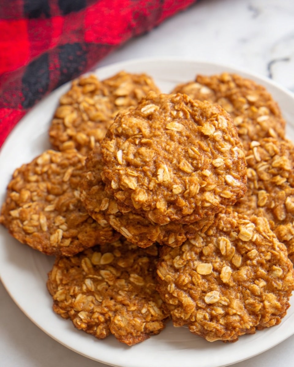 A close-up view of a white plate filled with a stack of round oat cookies. Each cookie is golden-brown in color and textured with large oat flakes covering the whole surface. The cookies have a rough, crunchy appearance with some darker brown spots showing slight baking marks. The plate rests on a white marbled surface with part of a red and black checkered cloth visible at the corner. photo taken with an iphone --ar 4:5 --v 7