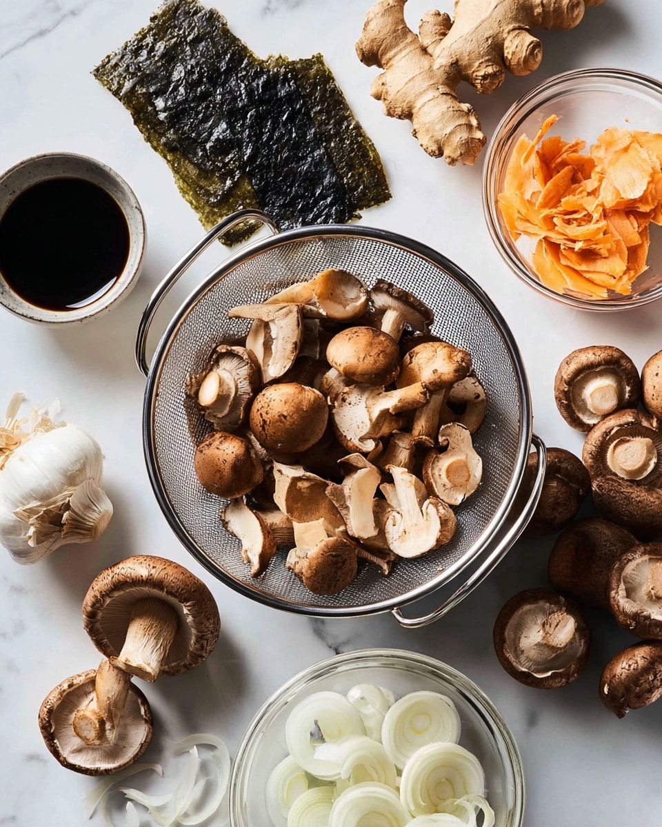 A metal colander filled with light brown mushrooms, some whole and some sliced in half, sits in the center on a white marbled surface. Around it, from top right going clockwise, is a clear glass bowl with light orange and pale onion skins, pieces of fresh light brown ginger root, three long dark green sheets of seaweed, a small dark bowl with dried sliced mushrooms, several whole round dark brown mushrooms, a round clear bowl filled with thin white onion slices, a small clear bowl with dark soy sauce, and a whole white garlic bulb. The scene shows a clean, neatly arranged layout of mushrooms and fresh ingredients. photo taken with an iphone --ar 4:5 --v 7