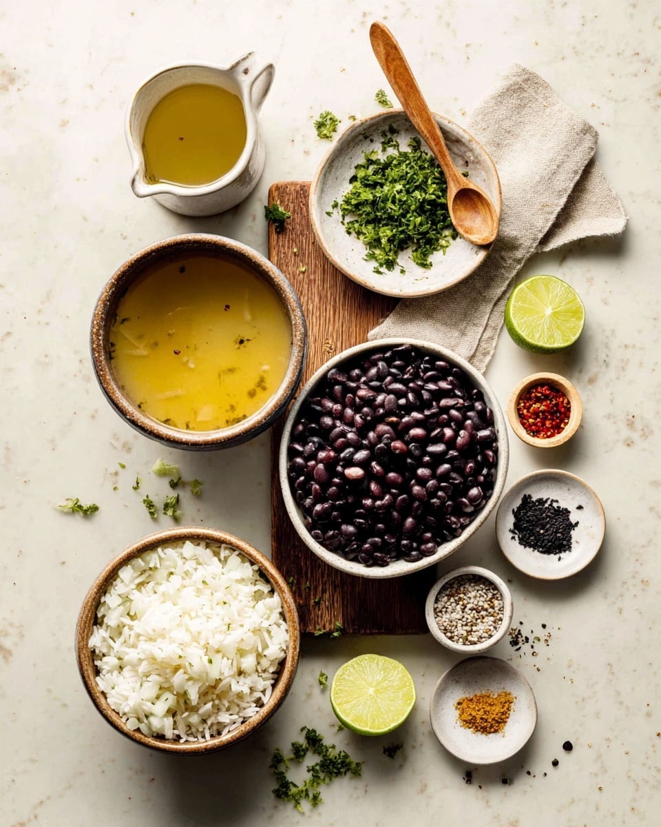 A top view of a wooden board with several bowls and small plates arranged neatly on a white marbled surface. The largest bowl at the bottom left holds yellowish liquid broth. To its right, a medium bowl is filled with finely chopped white onions. Above that, a bowl contains shiny black beans, and next to it is a small bowl holding white rice with a wooden handle spoon. A round bowl with green chopped herbs and a small wooden spoon is placed on a beige linen cloth to the upper right. Two tiny plates contain red and yellow spices, and black and white peppercorns. A small pitcher with light yellow liquid and a half lime with some green herb pieces scattered around complete the setup. Photo taken with an iphone --ar 4:5 --v 7