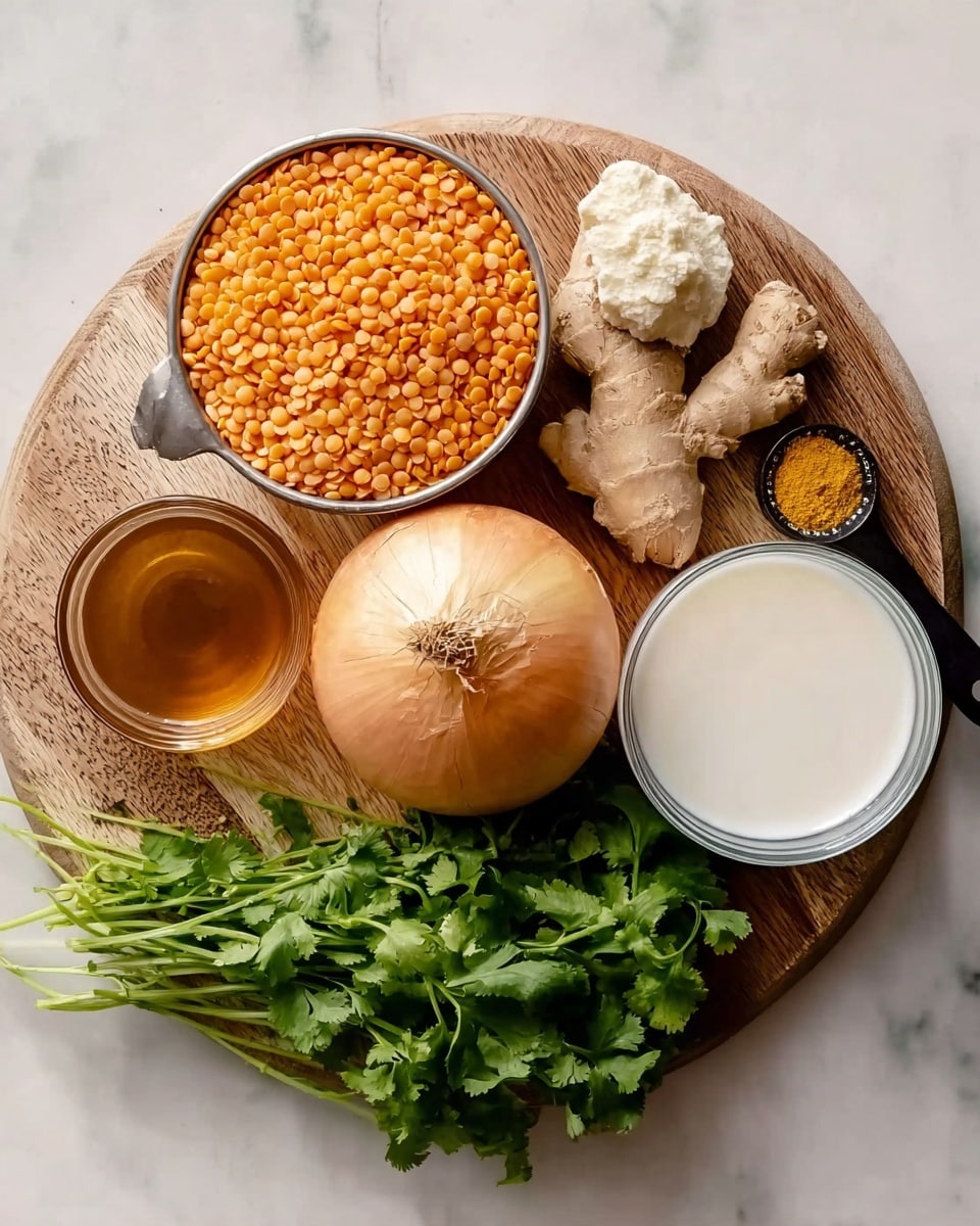 The image shows a round wooden board with seven ingredient items arranged neatly on a white marbled surface. On the top left side of the board, there is a silver cup filled with bright orange lentils. Next to it on the top right, there is a piece of fresh beige ginger root and a small garlic bulb with white skin. Below the ginger on the right side, there's a small glass bowl filled with brown liquid broth. At the center of the board, a large round light brown onion sits with its dry skin partly peeling. At the bottom right of the board, there is a small glass bowl filled with white coconut milk. On the bottom left, fresh green cilantro leaves are spread, with a black measuring spoon holding yellow curry powder laying on top. The photo taken with an iphone --ar 4:5 --v 7