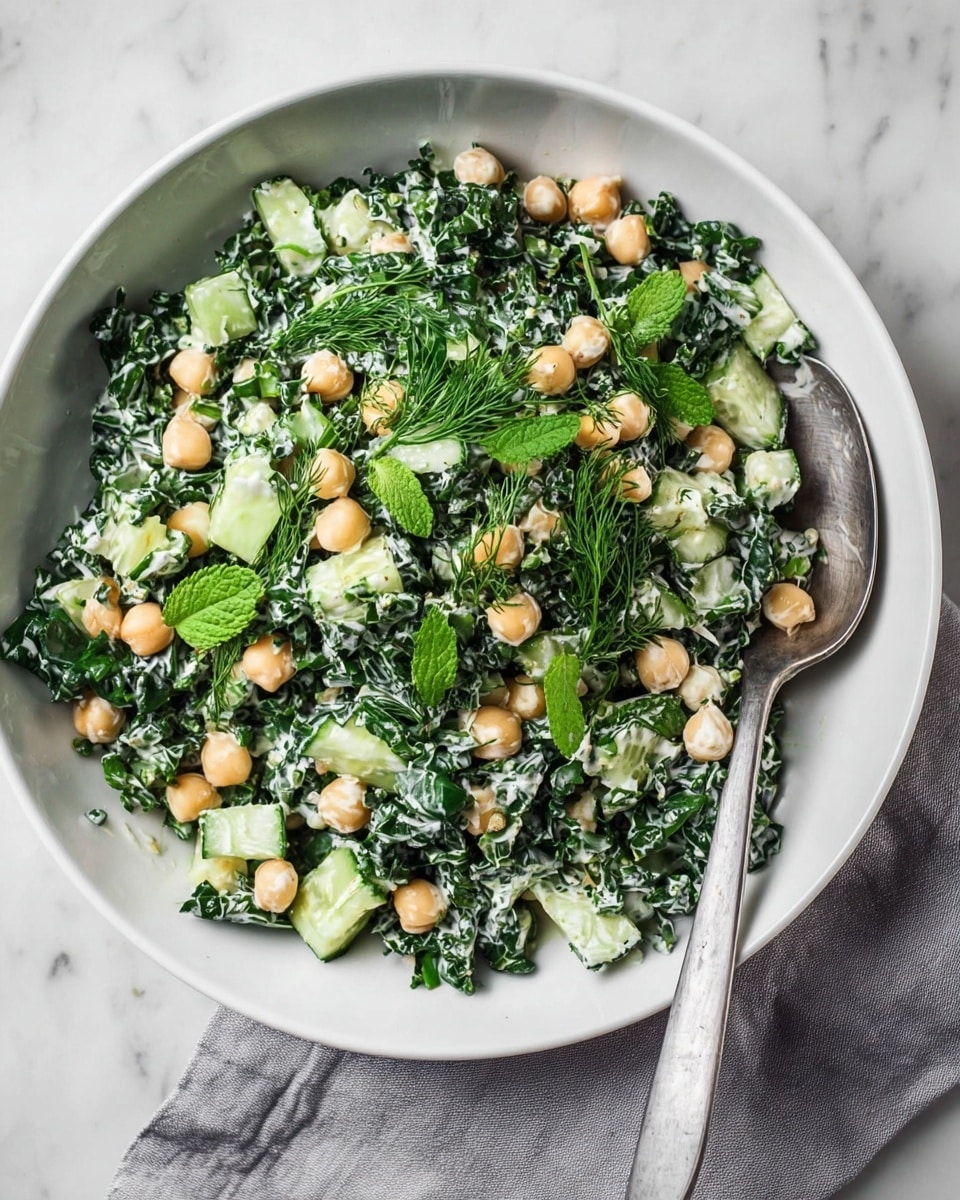 A white bowl filled with a fresh salad showing three main layers: dark green chopped kale, light beige round chickpeas scattered evenly, and light green cucumber chunks mixed throughout. The salad is dressed with a creamy white sauce coating the ingredients lightly. There are small sprigs of fresh green herbs like dill and mint leaves placed on top for garnish. A silver spoon rests on the right side of the bowl on a white marbled surface, with a gray cloth partially visible under the bowl. Photo taken with an iphone --ar 4:5 --v 7