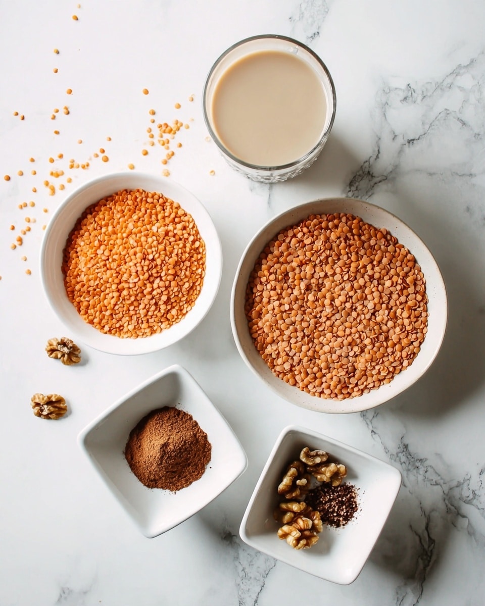 The image shows an overhead view of five white dishes and a glass placed on a white marbled surface, each holding different ingredients. The center has a round white bowl filled with orange split lentils, showing a smooth, flat layer. To the bottom left, there is a small round white bowl filled with a brownish powder spice. Below center is a square white bowl with a darker brown powder. On the right side, a smaller square white bowl contains a small amount of fine brown powder, with some scattered walnut pieces nearby. In the top left, there is a clear glass filled with a creamy beige liquid. The setup is clean and minimal with a simple, bright tone. photo taken with an iphone --ar 4:5 --v 7
