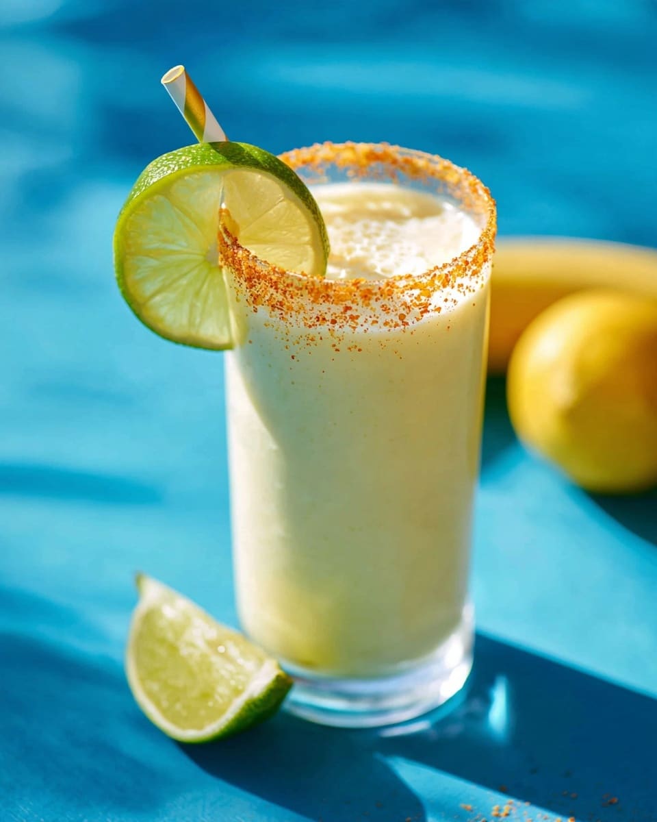 A tall clear glass filled with a light yellow creamy drink with tiny bubbles on top. The glass rim is coated with bright orange crumbs or spice, adding texture and color contrast. A fresh green and yellow lime slice is placed on the side of the glass, and a white paper straw with gold stripes sticks out from the drink. The glass is set on a bright blue surface with a banana and lemon pieces blurred in the background. Photo taken with an iphone --ar 4:5 --v 7
